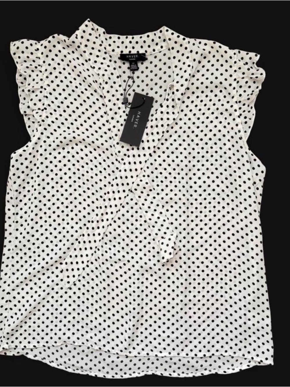 Haver London White Polka Dot Ruffle Sleeve V-Neck Blouse size L